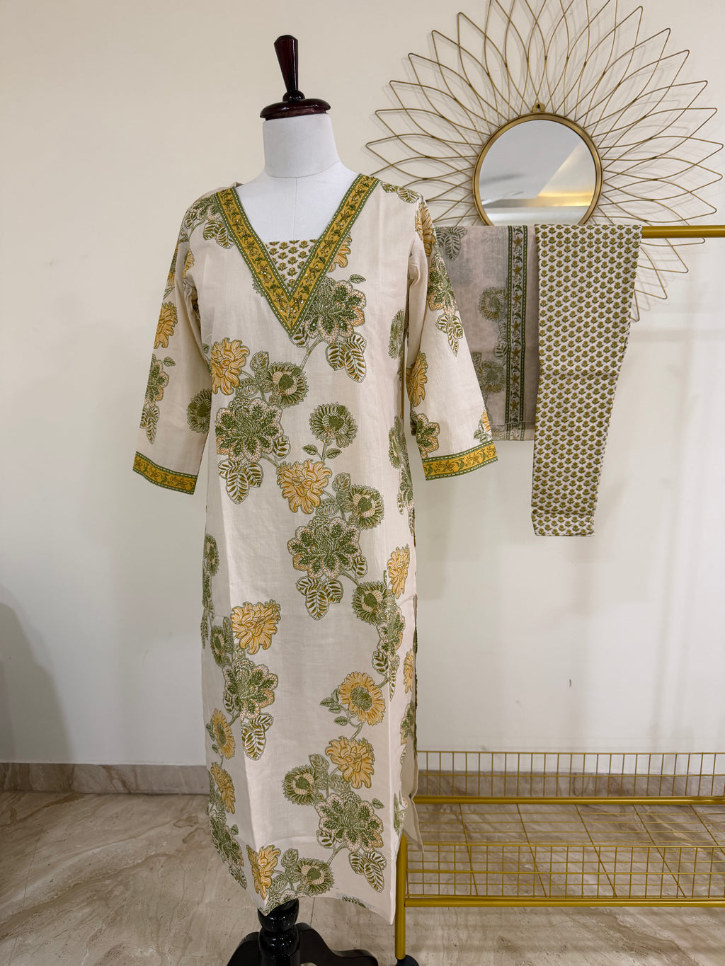 Beige & Olive Botanical Cotton 3-Piece Suit Set