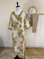 Beige & Olive Botanical Cotton 3-Piece Suit Set