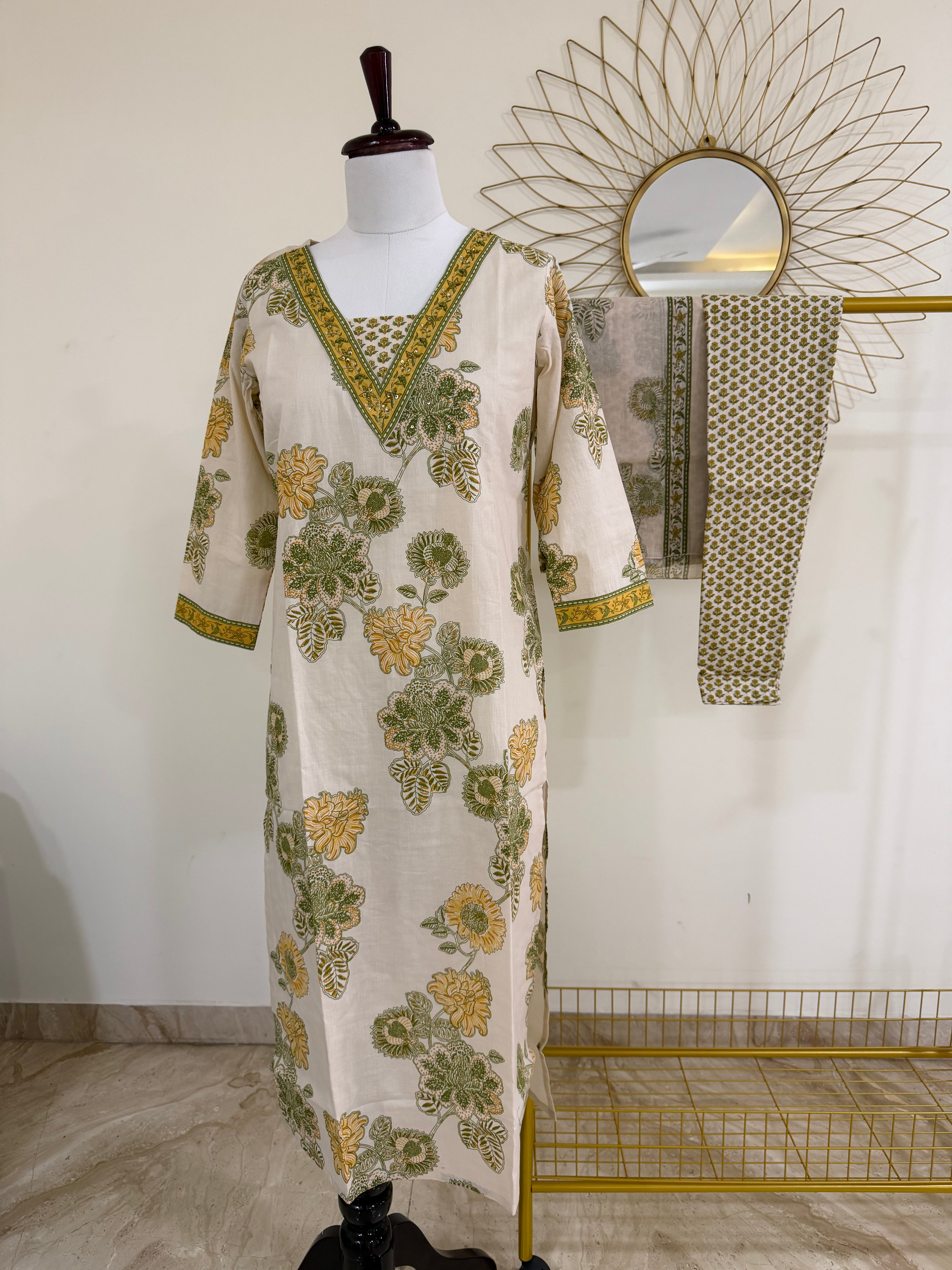 Beige & Olive Botanical Cotton 3-Piece Suit Set