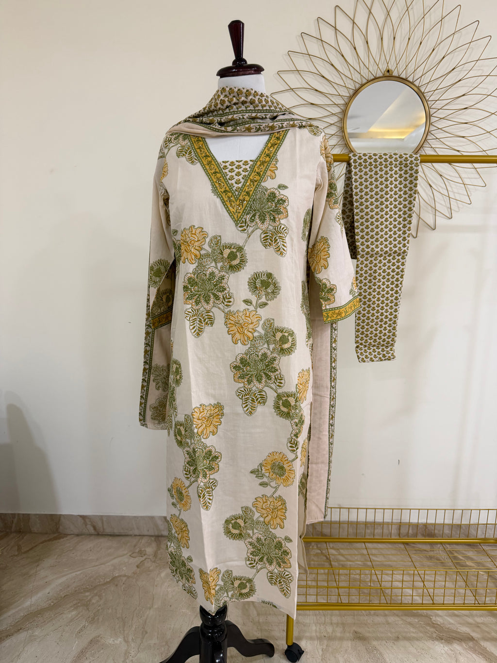 Beige & Olive Botanical Cotton 3-Piece Suit Set