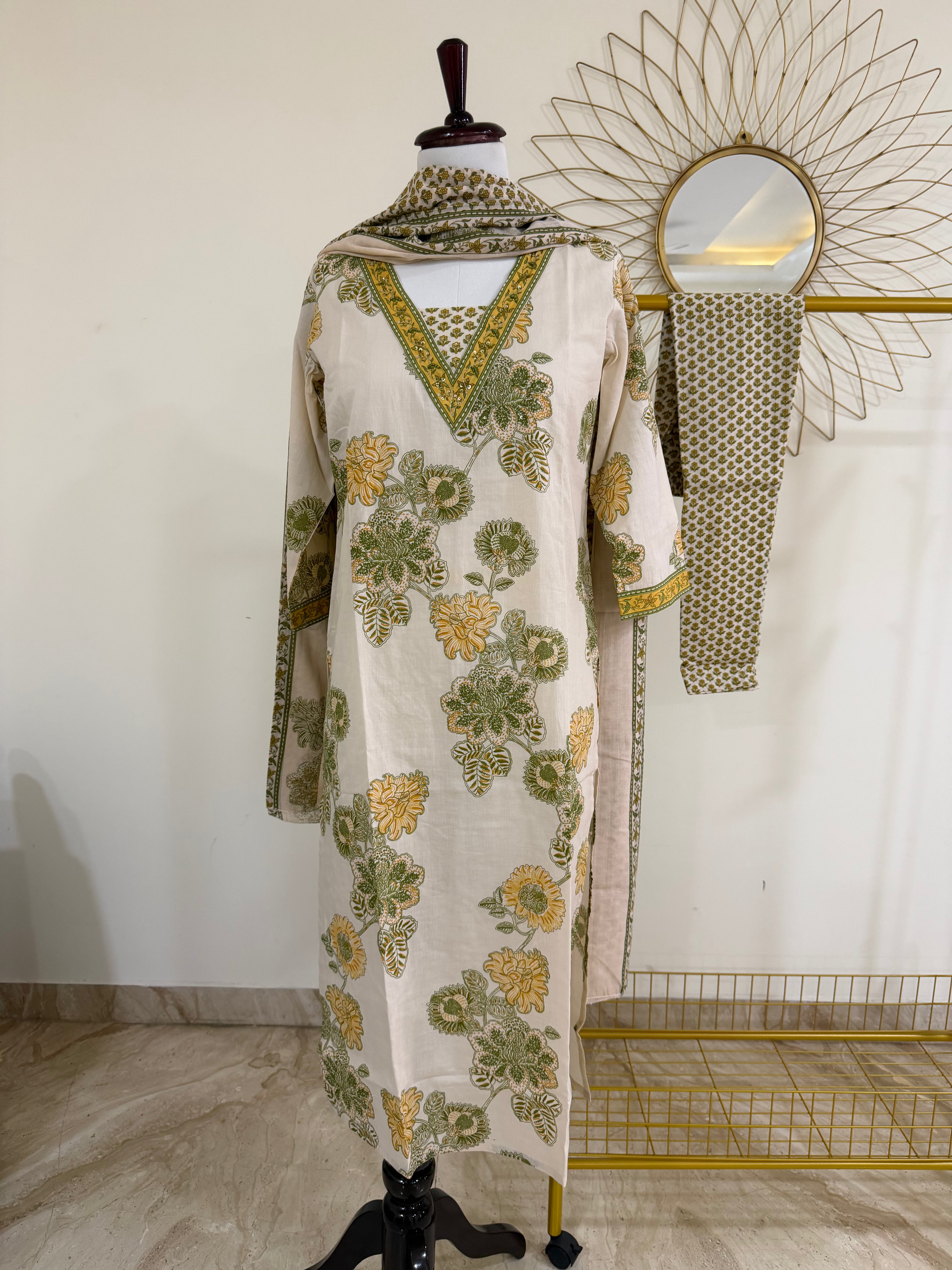 Beige & Olive Botanical Cotton 3-Piece Suit Set