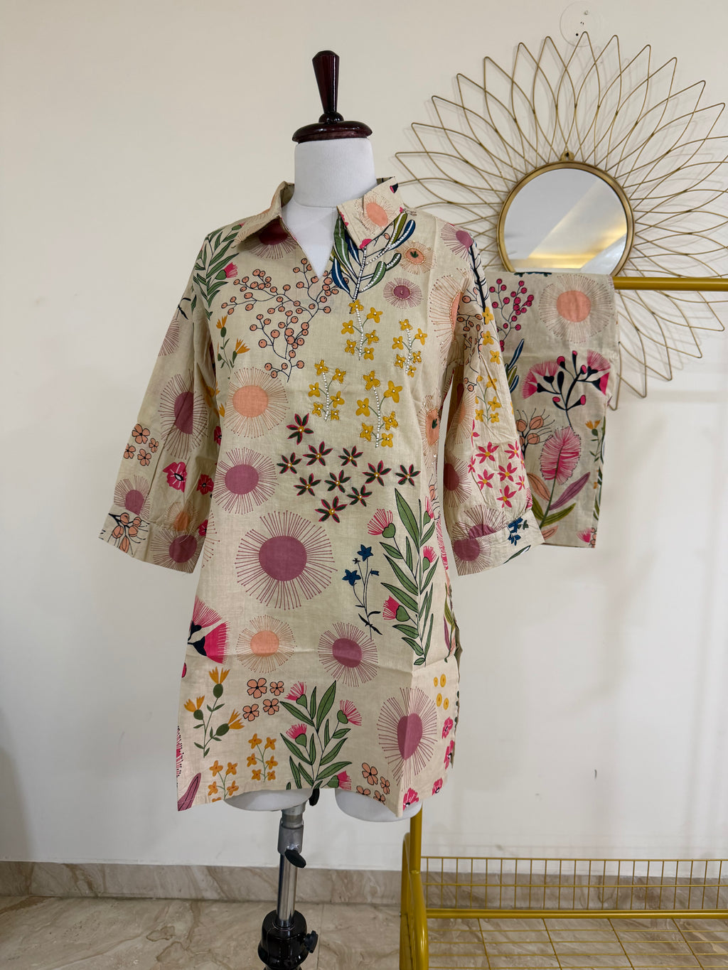 Ivory Floral Cotton Co-ord Set with Pearl Detailings