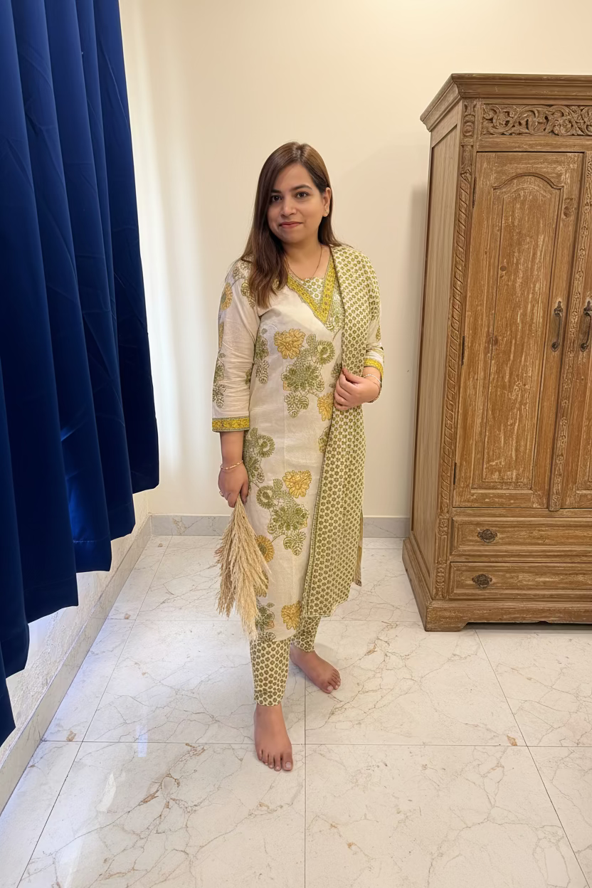 Beige & Olive Botanical Cotton 3-Piece Suit Set