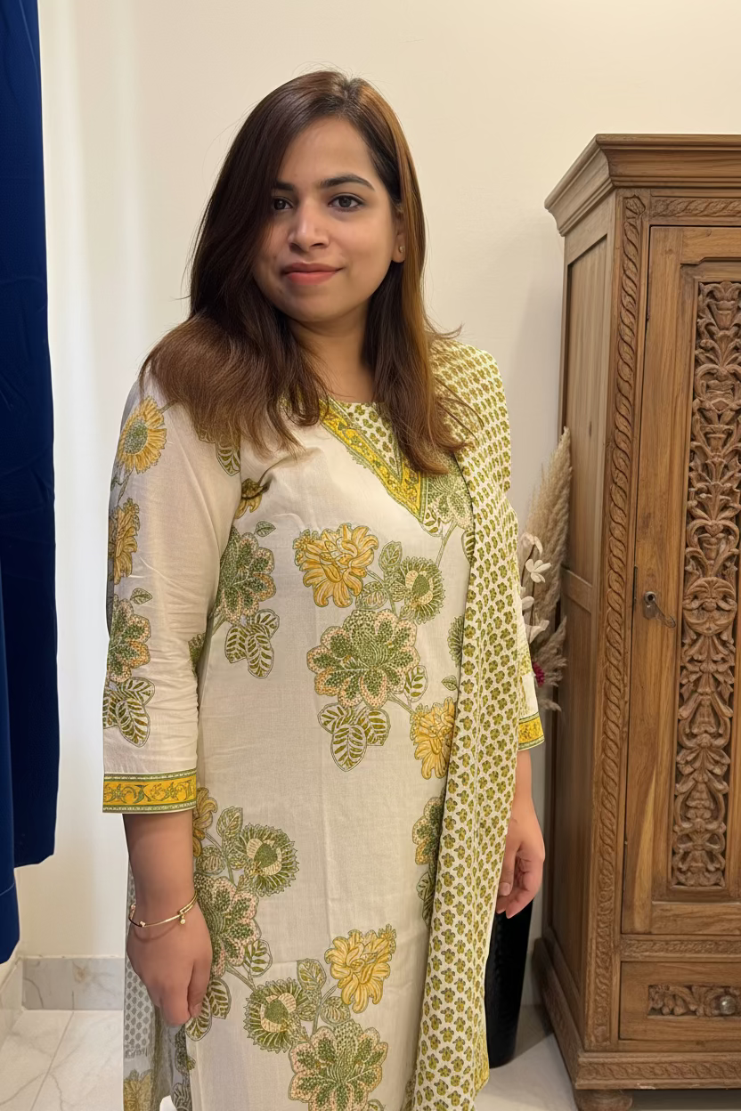 Beige & Olive Botanical Cotton 3-Piece Suit Set