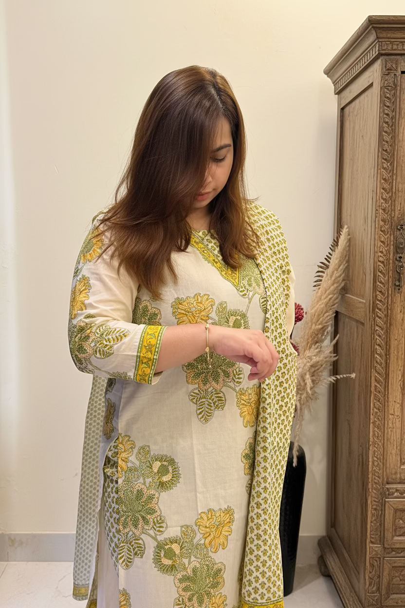 Beige & Olive Botanical Cotton 3-Piece Suit Set