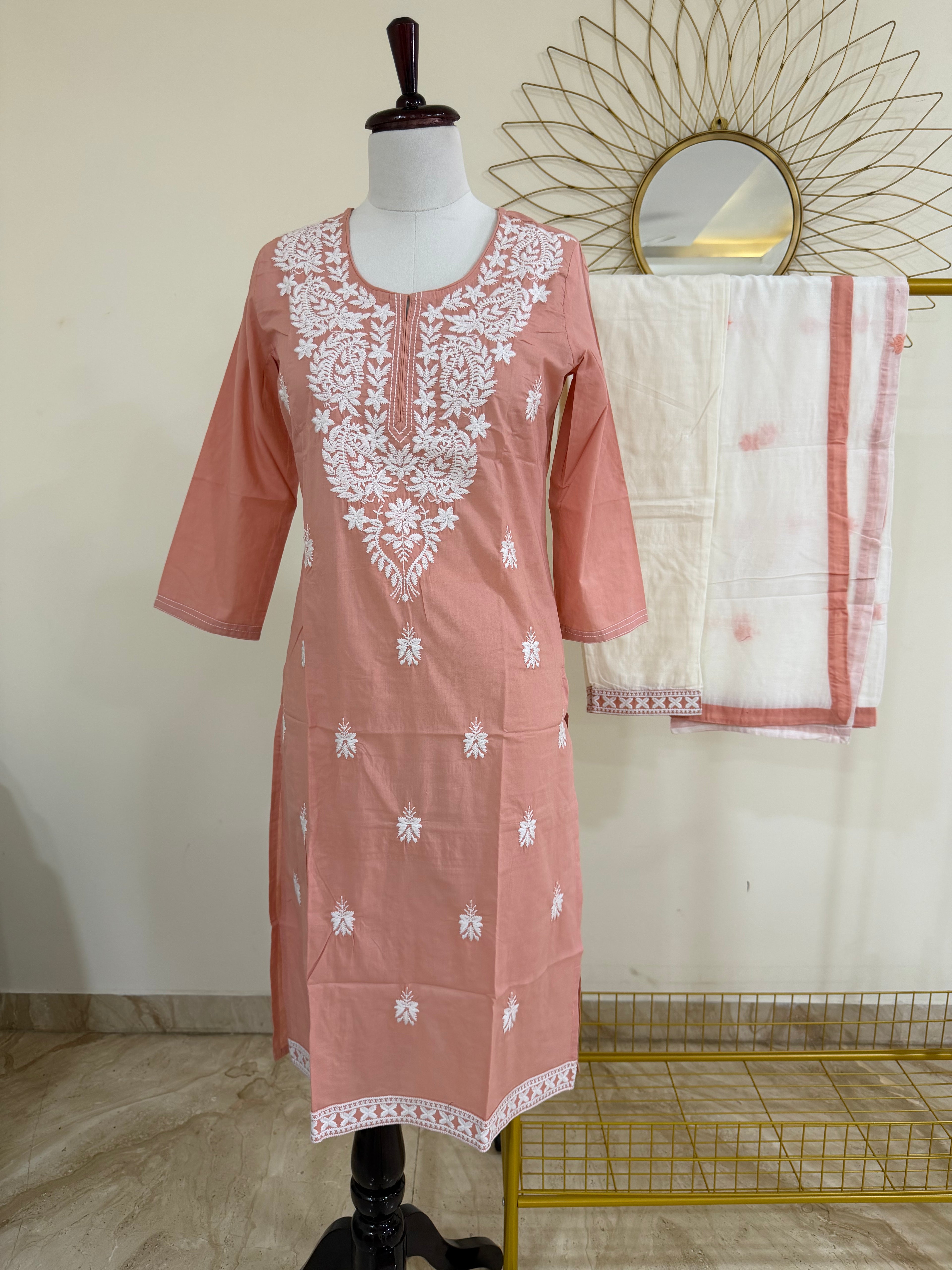 Nude Peach Chikankari Cotton 3-Piece Suit Set