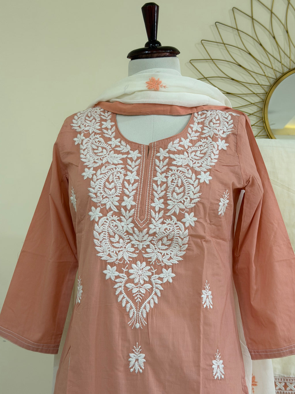 Nude Peach Chikankari Cotton 3-Piece Suit Set