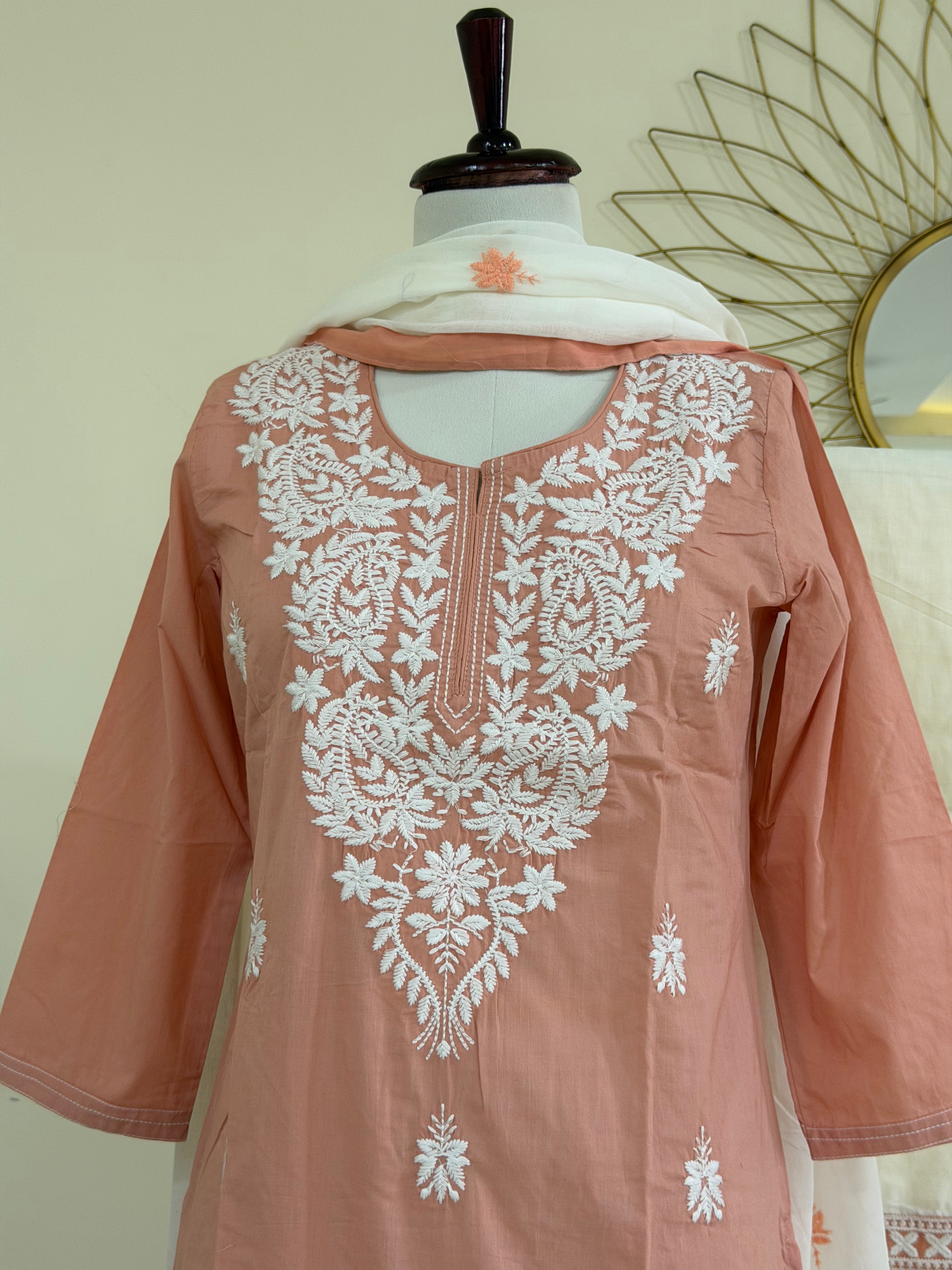 Nude Peach Chikankari Cotton 3-Piece Suit Set