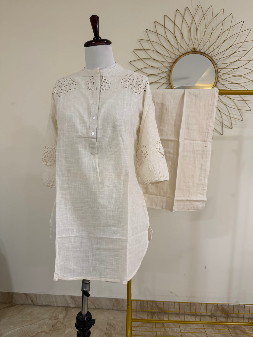 Earthen Brown Cotton Co-ord Set with Cut Work Detail