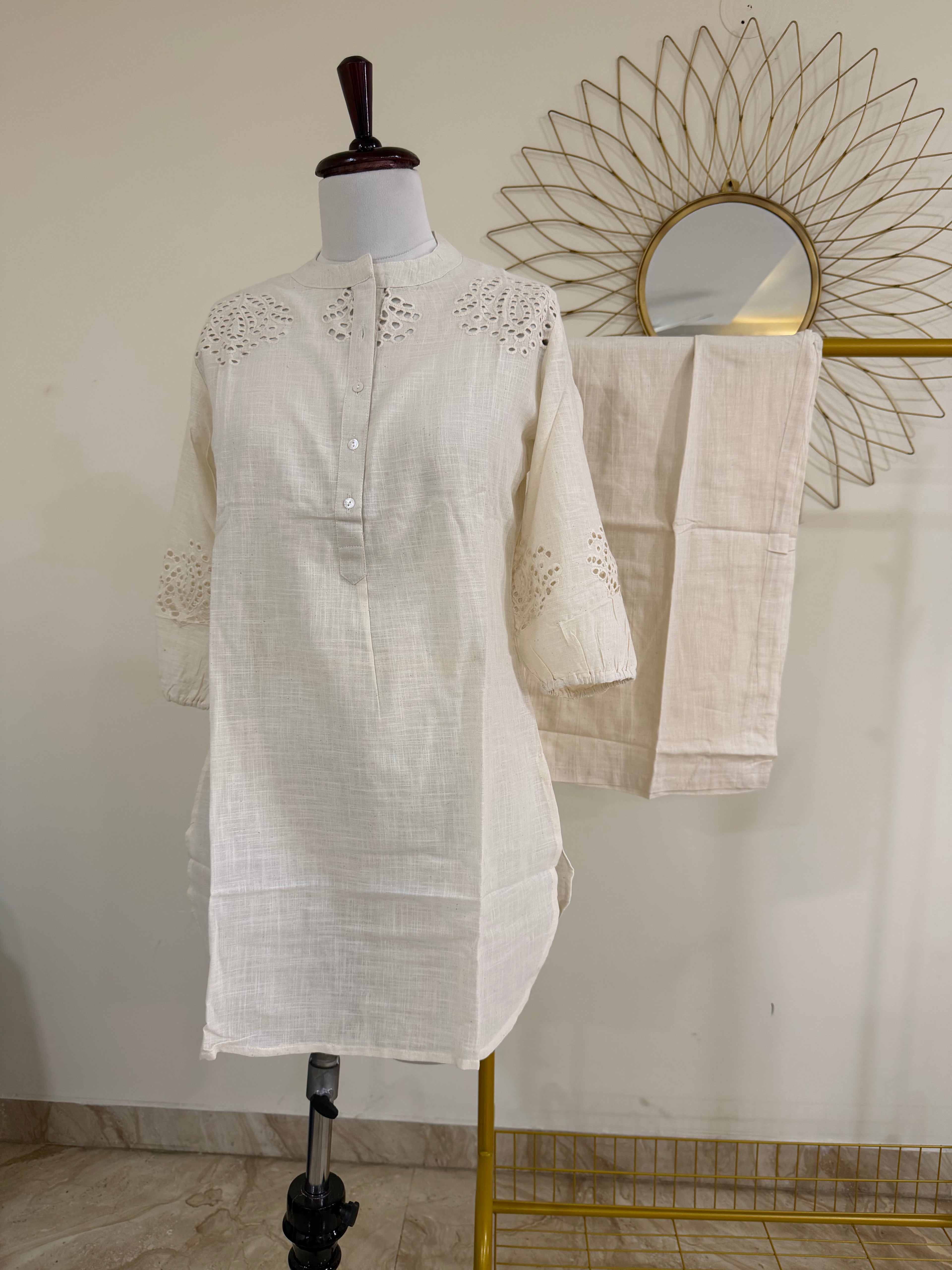 White Cotton Co-ord Set with Cut Work Detail