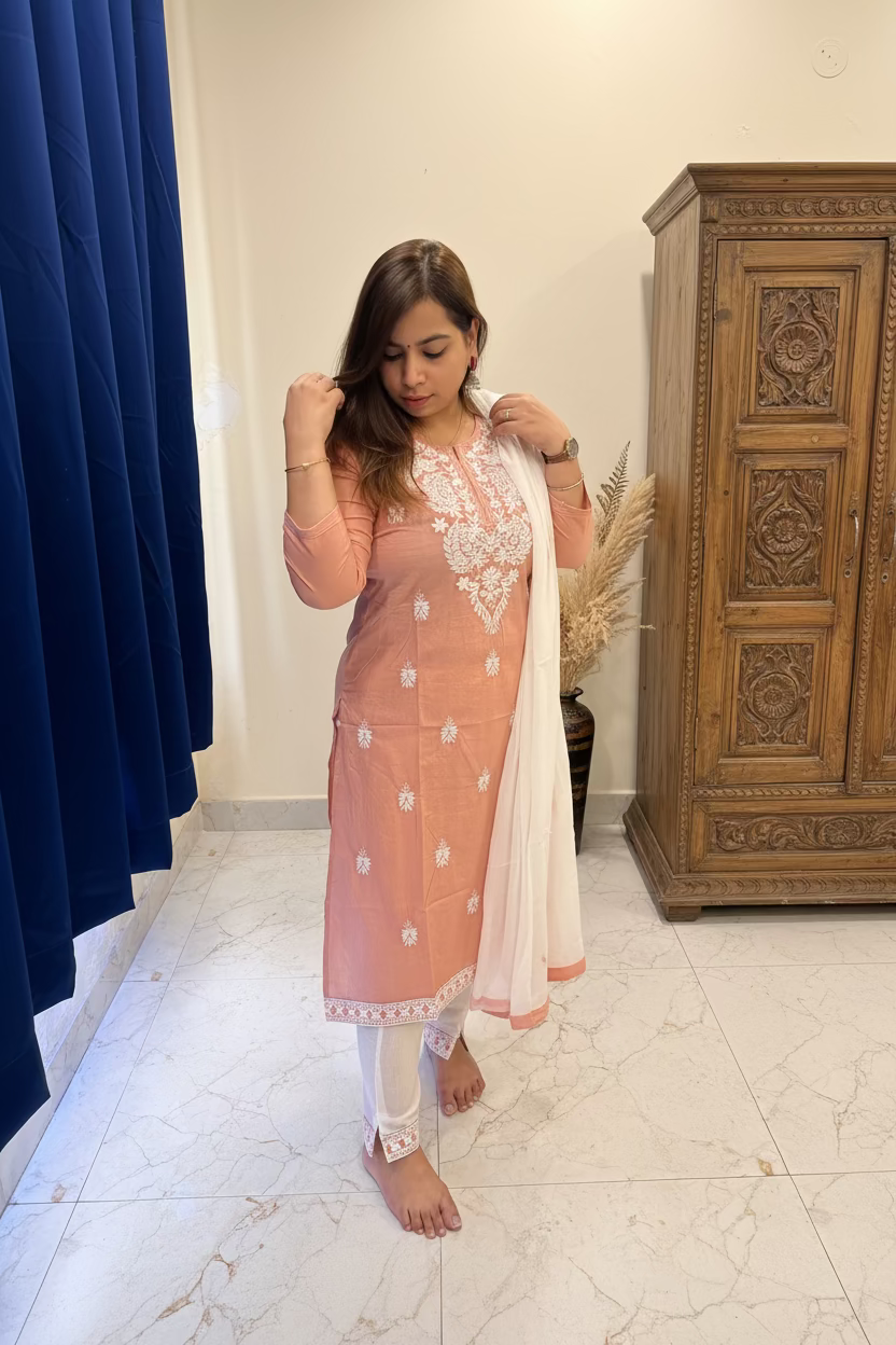 Nude Peach Chikankari Cotton 3-Piece Suit Set