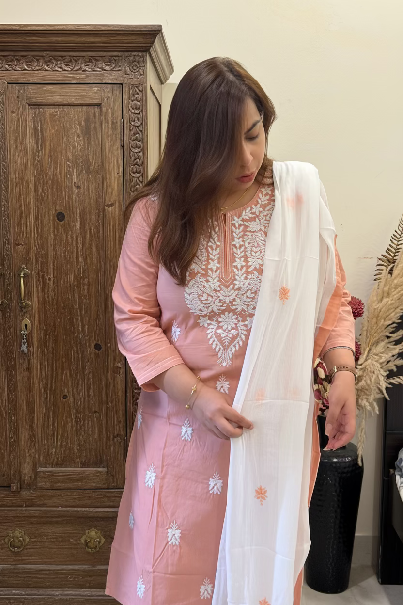 Nude Peach Chikankari Cotton 3-Piece Suit Set