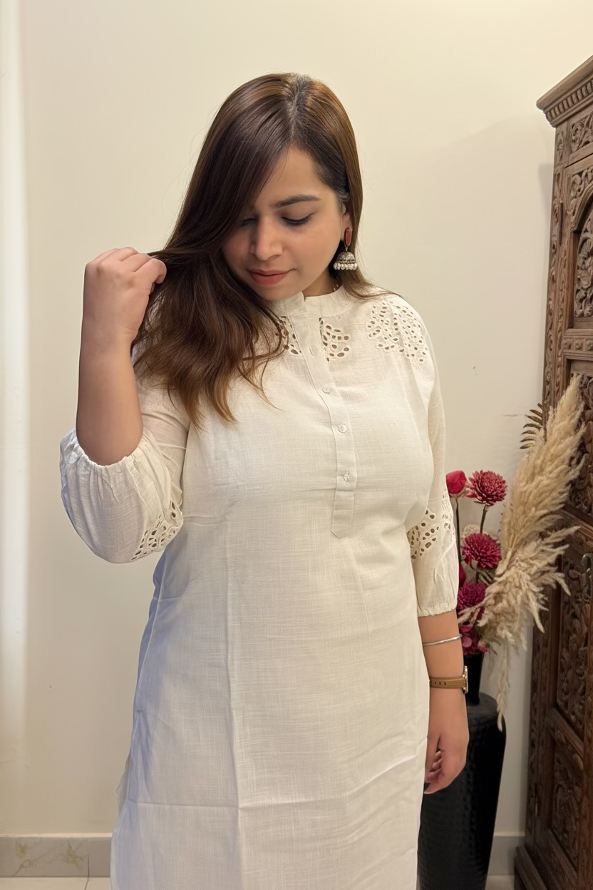Earthen Brown Cotton Co-ord Set with Cut Work Detail