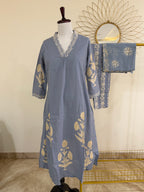 Powder Blue & Grey Cotton 3-Piece Everyday Suit Set