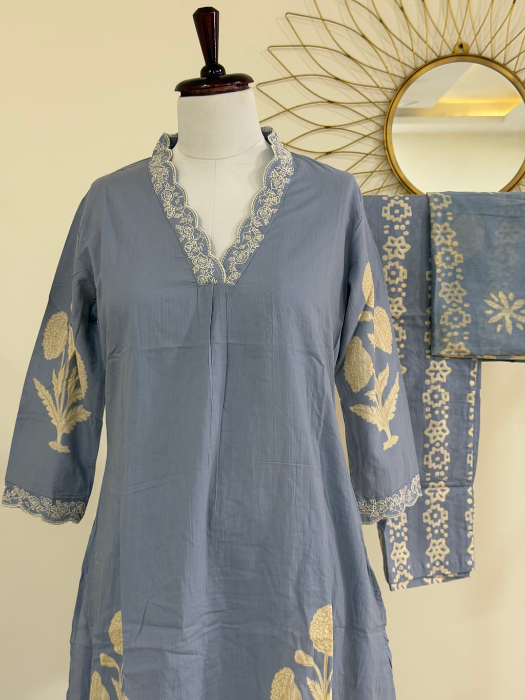 Powder Blue & Grey Cotton 3-Piece Everyday Suit Set
