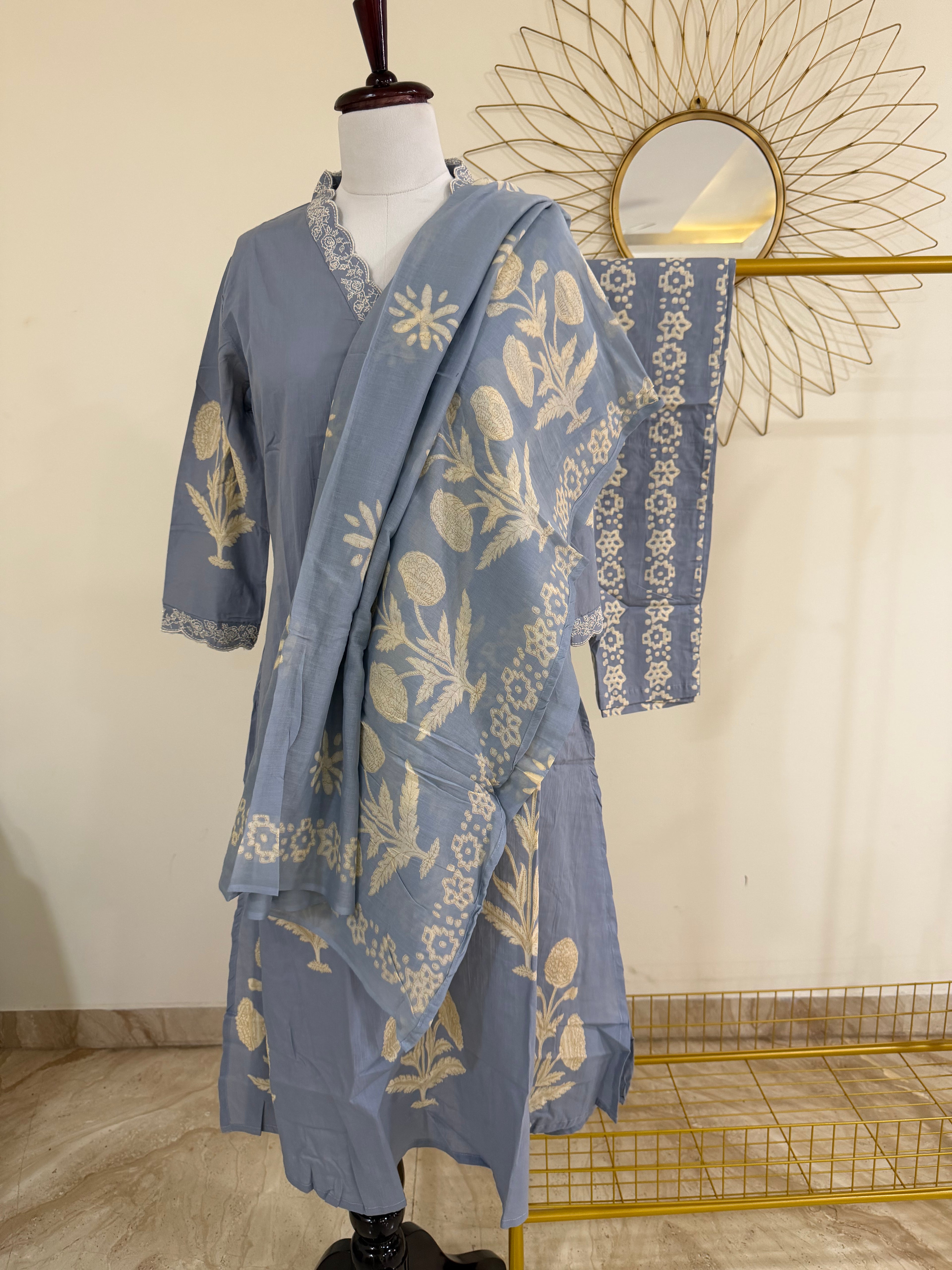 Powder Blue & Grey Cotton 3-Piece Everyday Suit Set