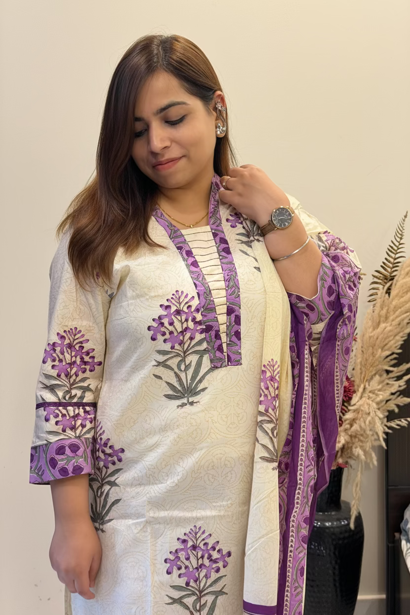 White & Purple Cotton 3-Piece Suit Set