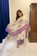White & Purple Cotton 3-Piece Suit Set