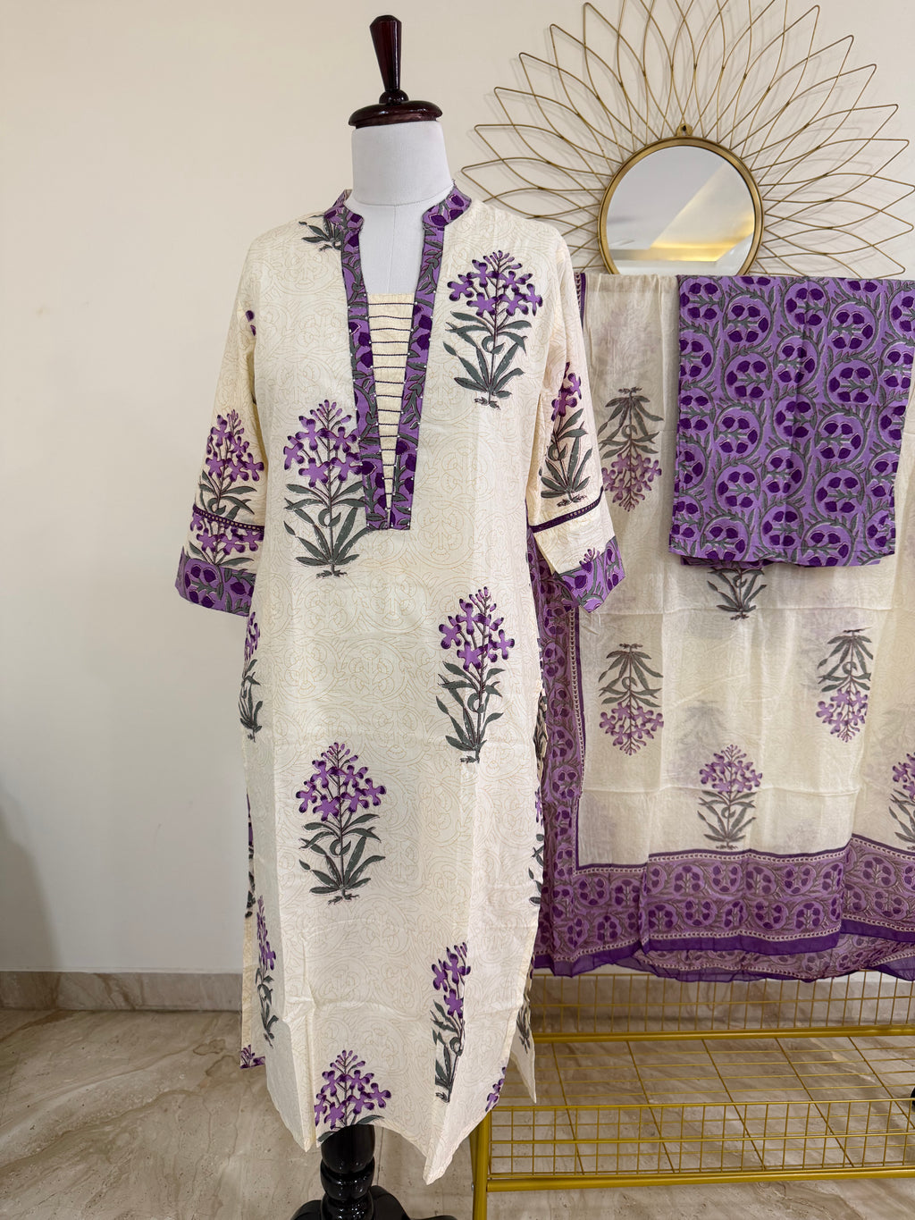 White & Purple Cotton 3-Piece Suit Set