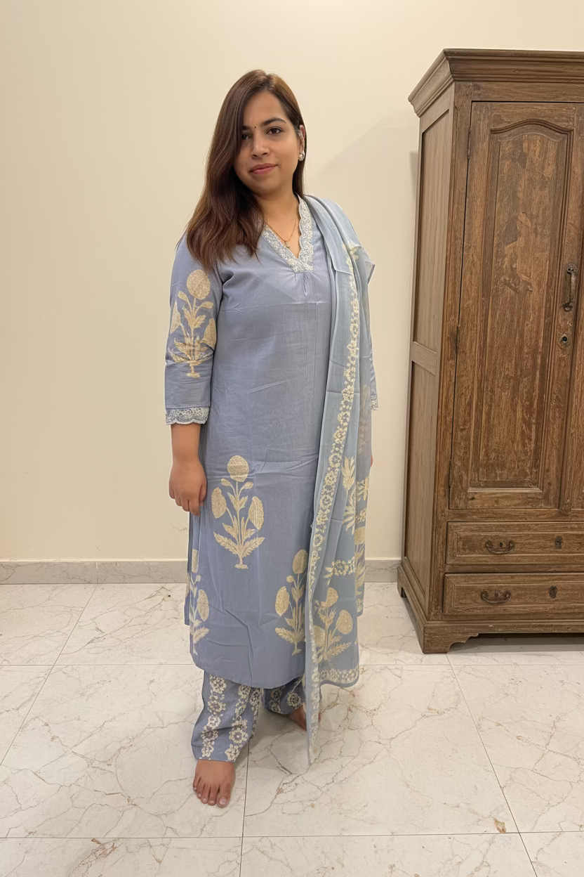 Powder Blue & Grey Cotton 3-Piece Everyday Suit Set