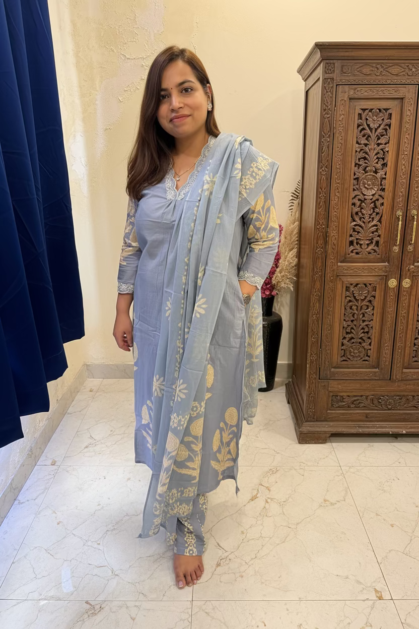 Powder Blue & Grey Cotton 3-Piece Everyday Suit Set