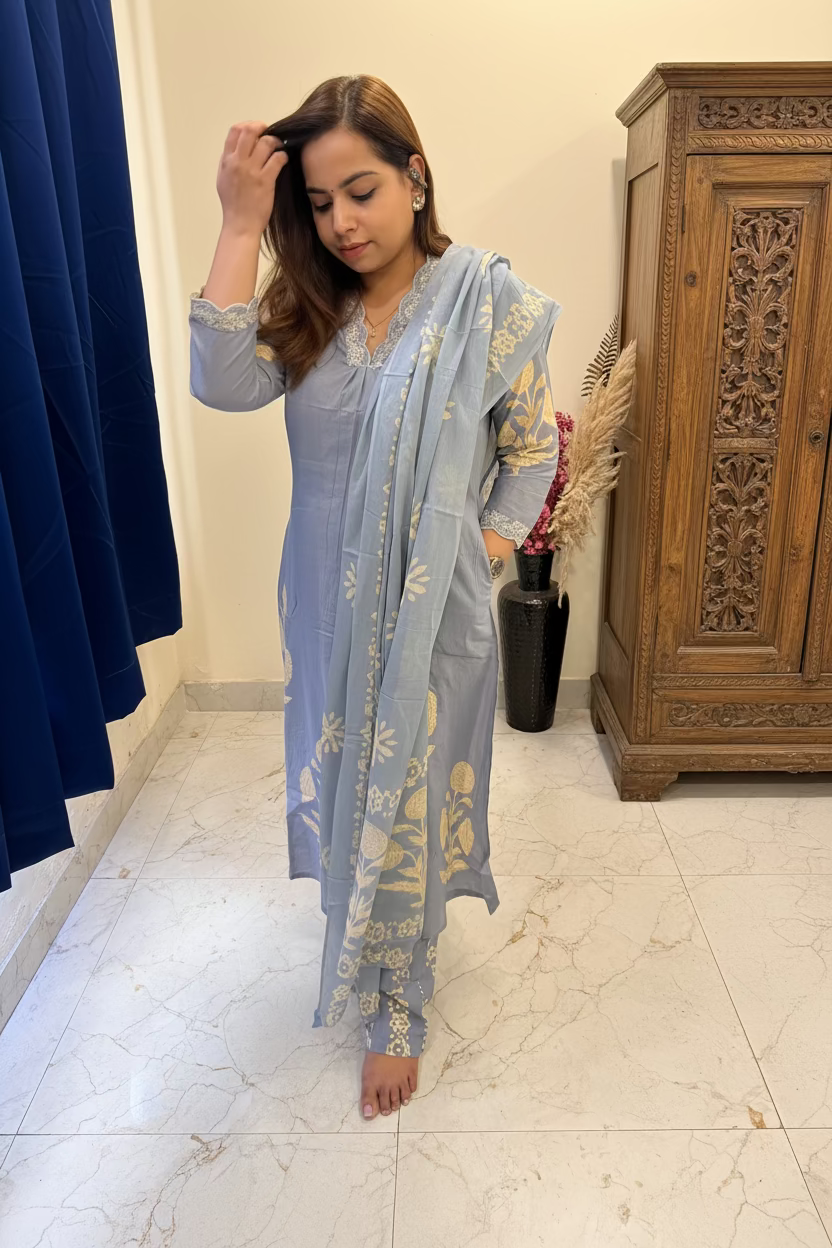 Powder Blue & Grey Cotton 3-Piece Everyday Suit Set