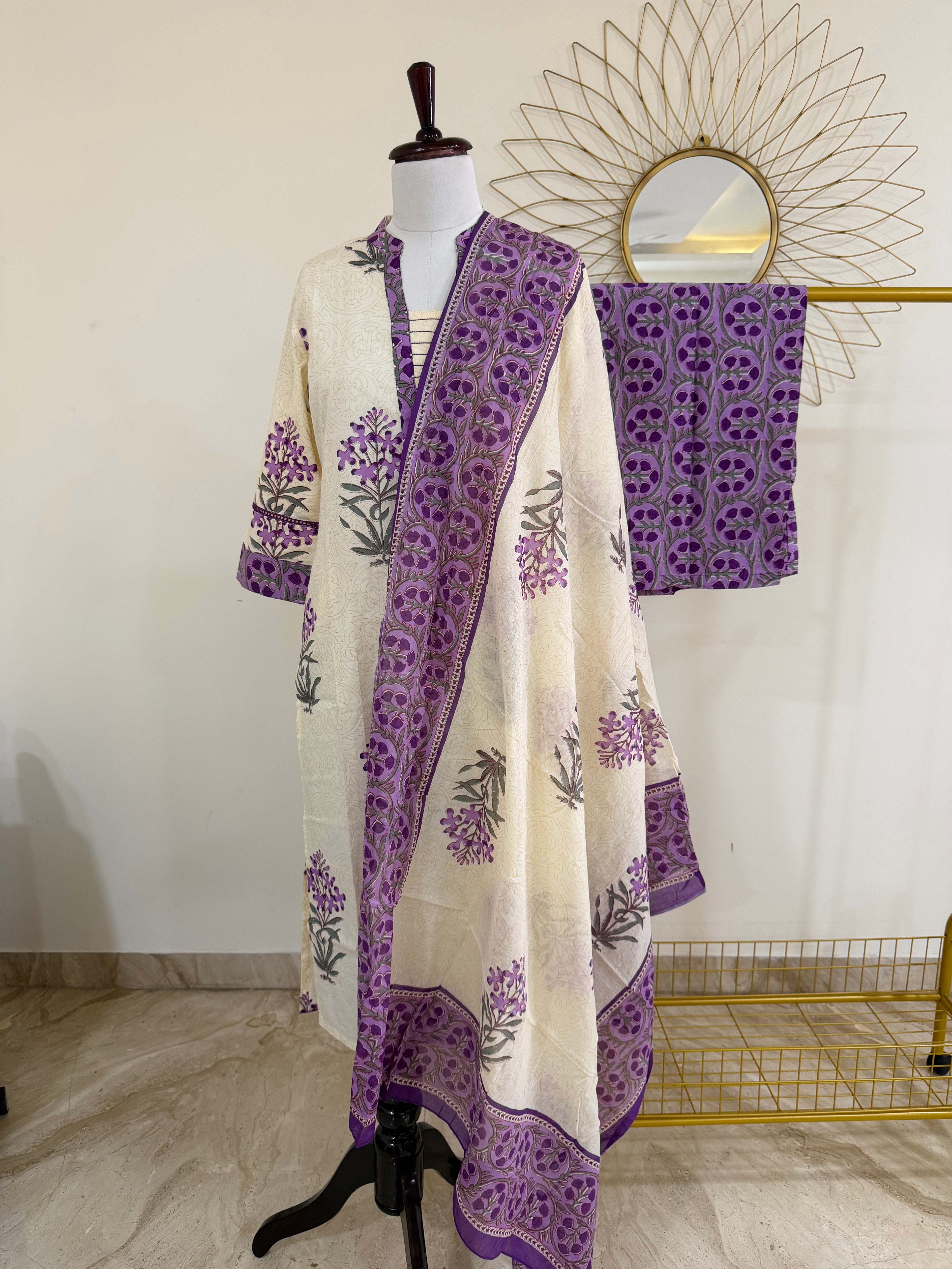 White & Purple Cotton 3-Piece Suit Set