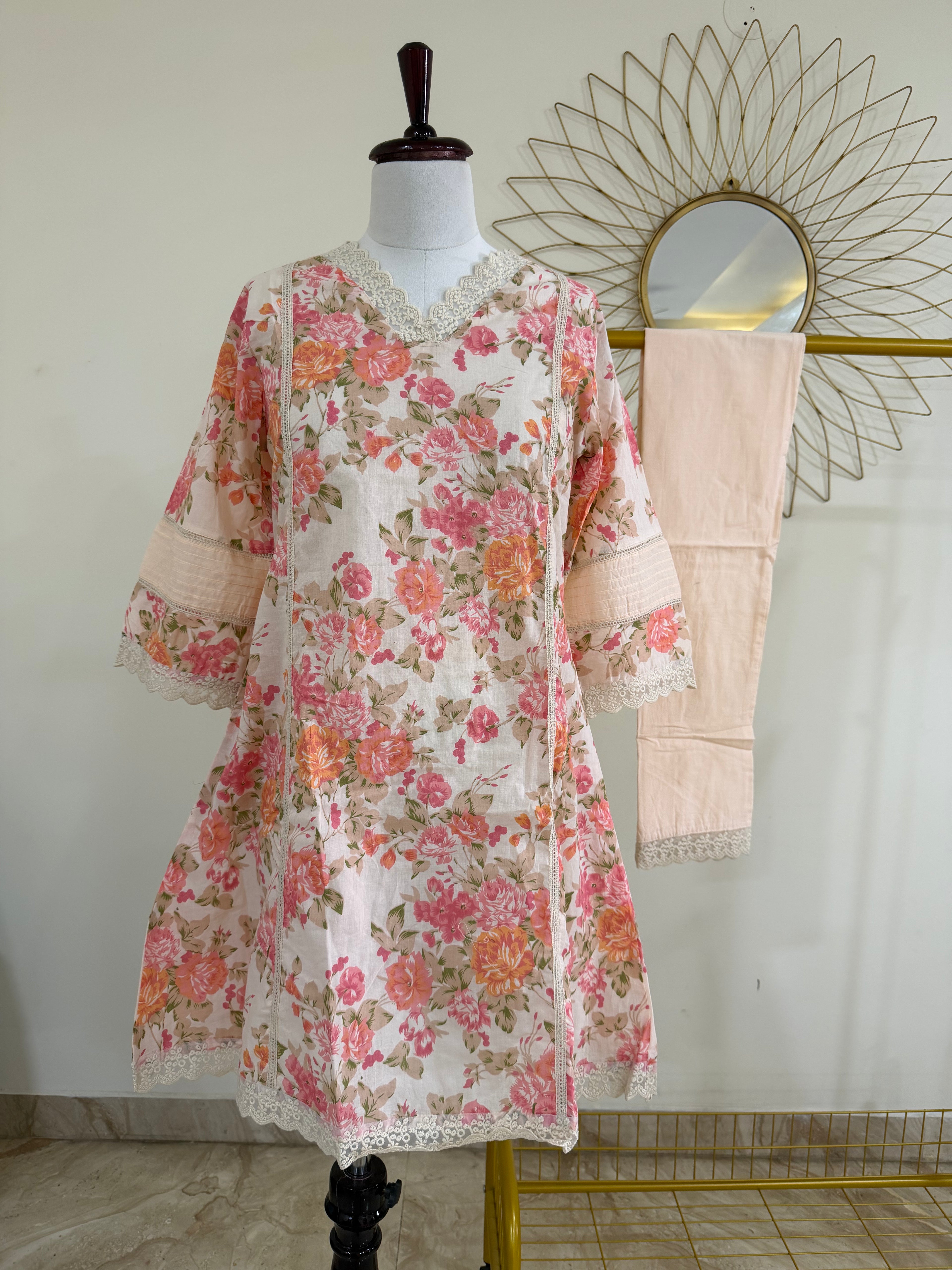 Peach Pastel Floral Cotton Co-ord Set with Lace Detailing