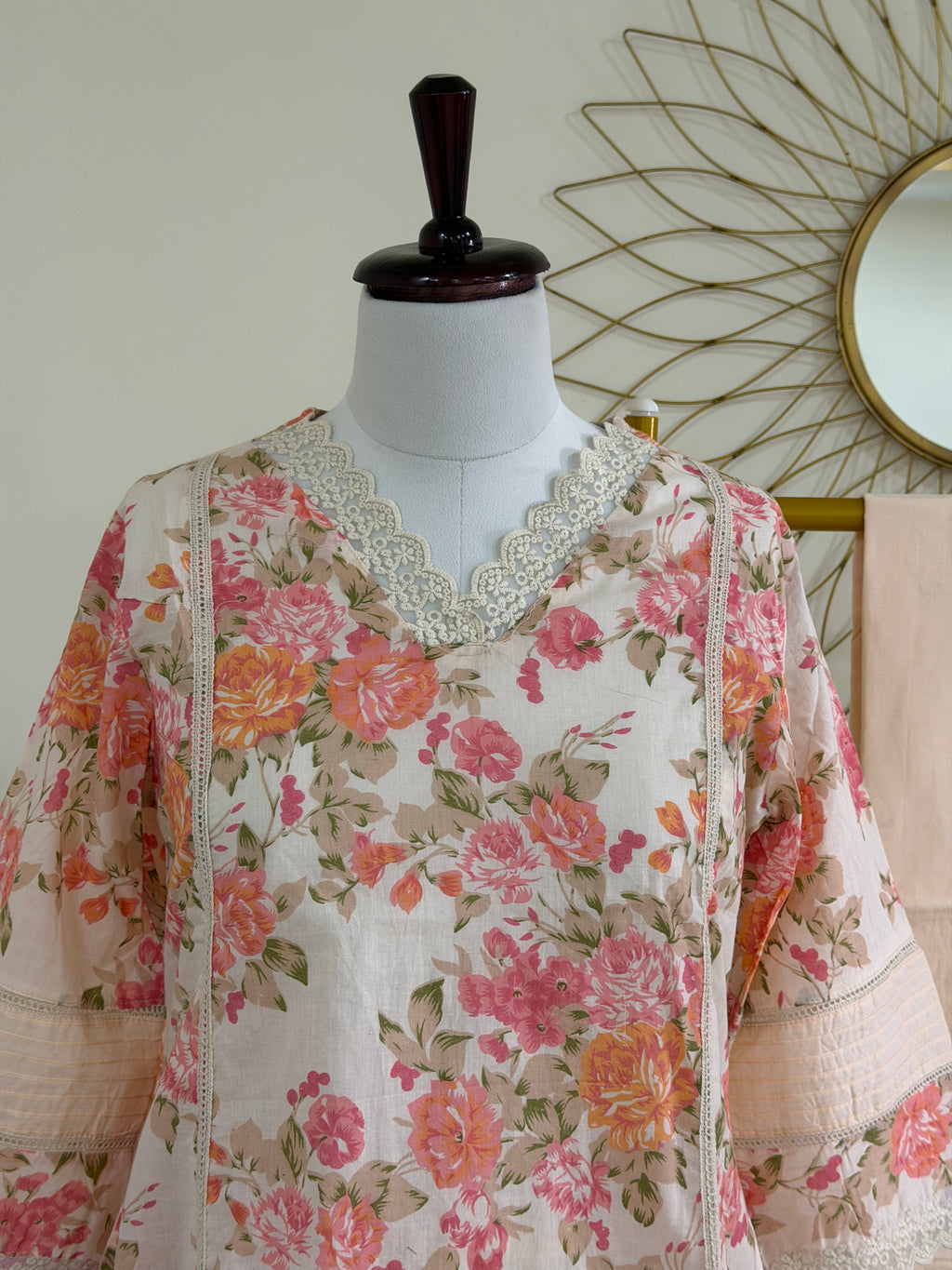 Peach Pastel Floral Cotton Co-ord Set with Lace Detailing