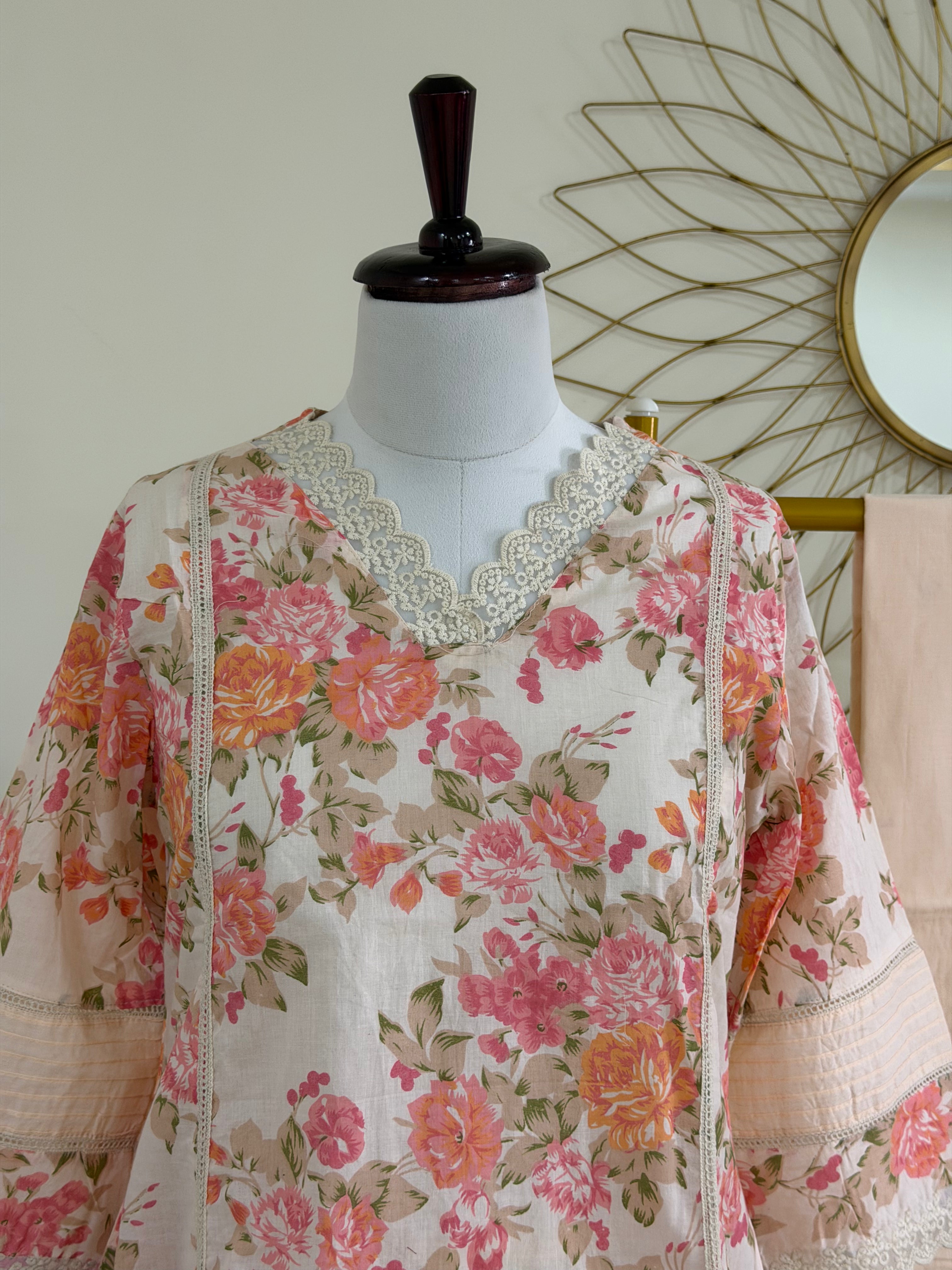 Peach Pastel Floral Cotton Co-ord Set with Lace Detailing