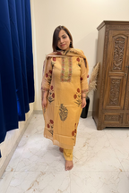 Mustard Yellow Kota Doria 3-Piece Block-Print Suit Set