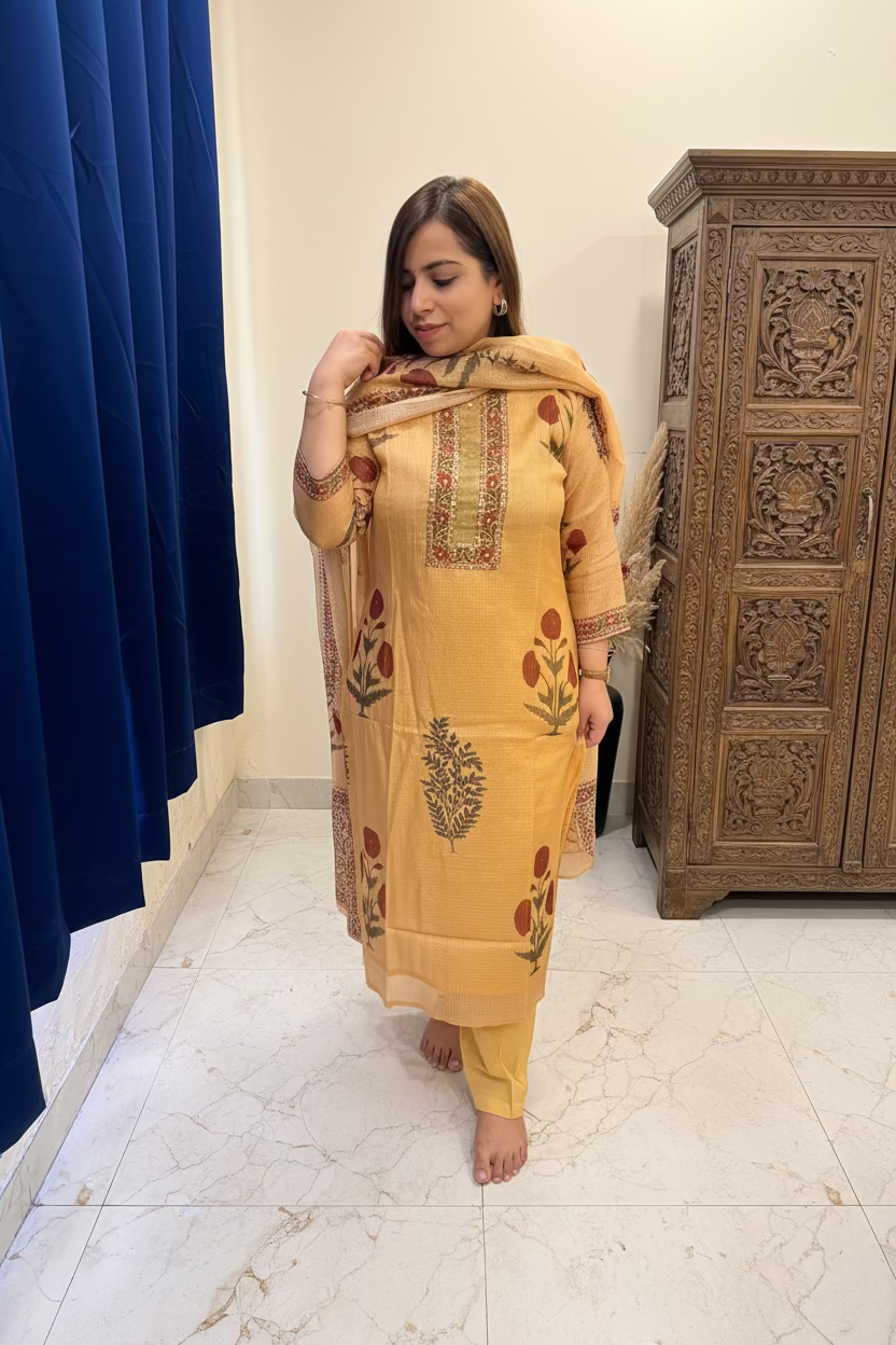 Mustard Yellow Kota Doria 3-Piece Block-Print Suit Set