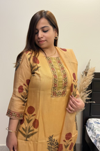 Mustard Yellow Kota Doria 3-Piece Block-Print Suit Set