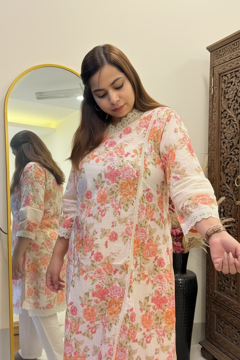 Peach Pastel Floral Cotton Co-ord Set with Lace Detailing