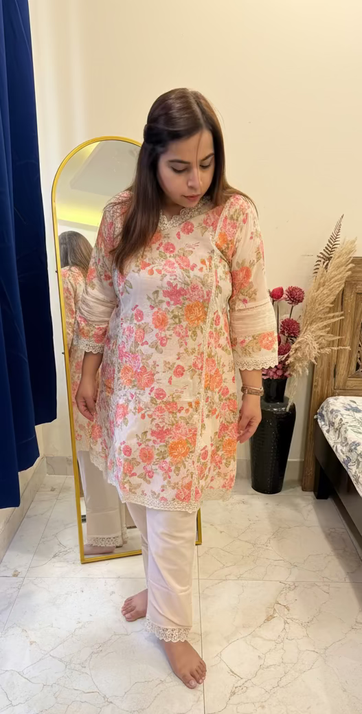 Peach Pastel Floral Cotton Co-ord Set with Lace Detailing