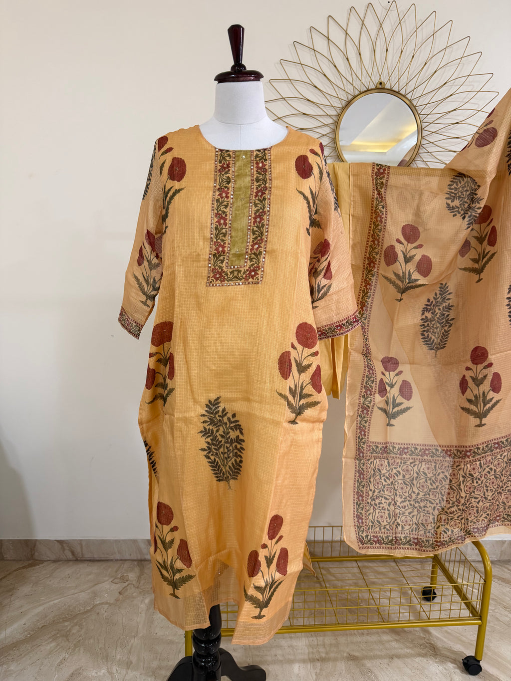 Mustard Yellow Kota Doria 3-Piece Block-Print Suit Set