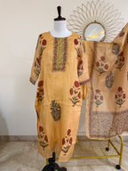Mustard Yellow Kota Doria 3-Piece Block-Print Suit Set