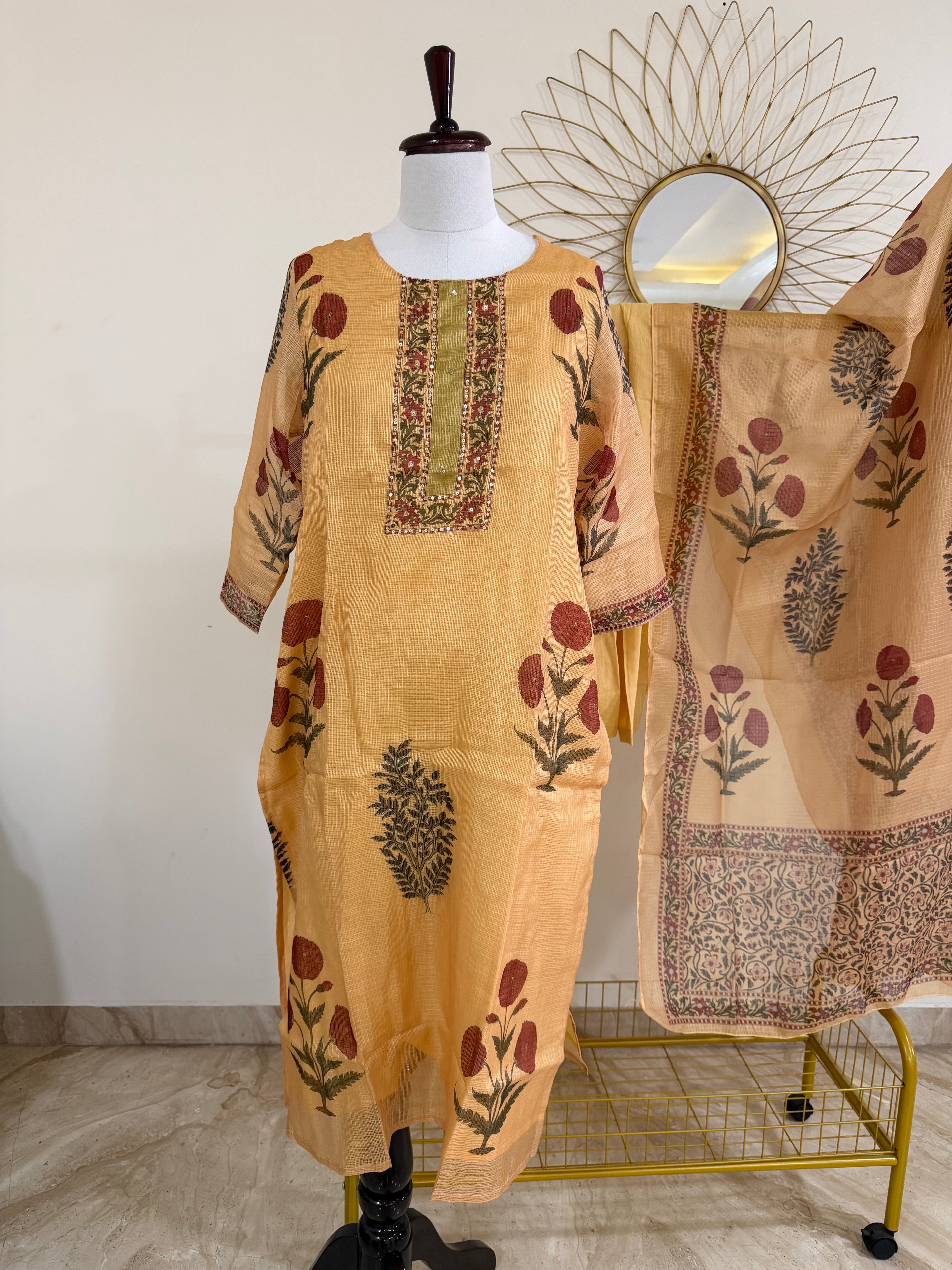 Mustard Yellow Kota Doria 3-Piece Block-Print Suit Set