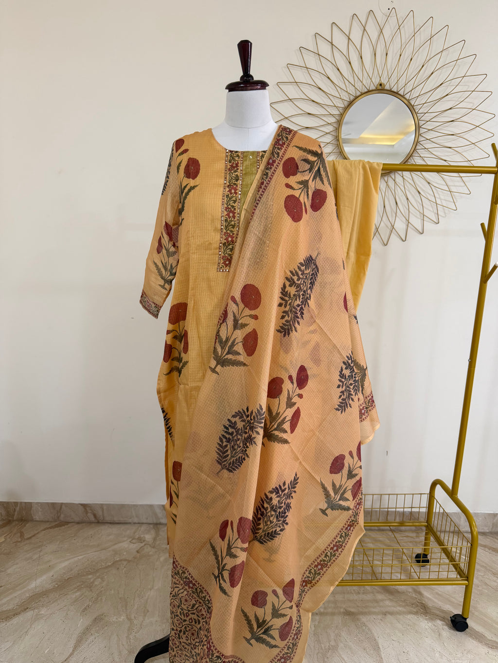 Mustard Yellow Kota Doria 3-Piece Block-Print Suit Set