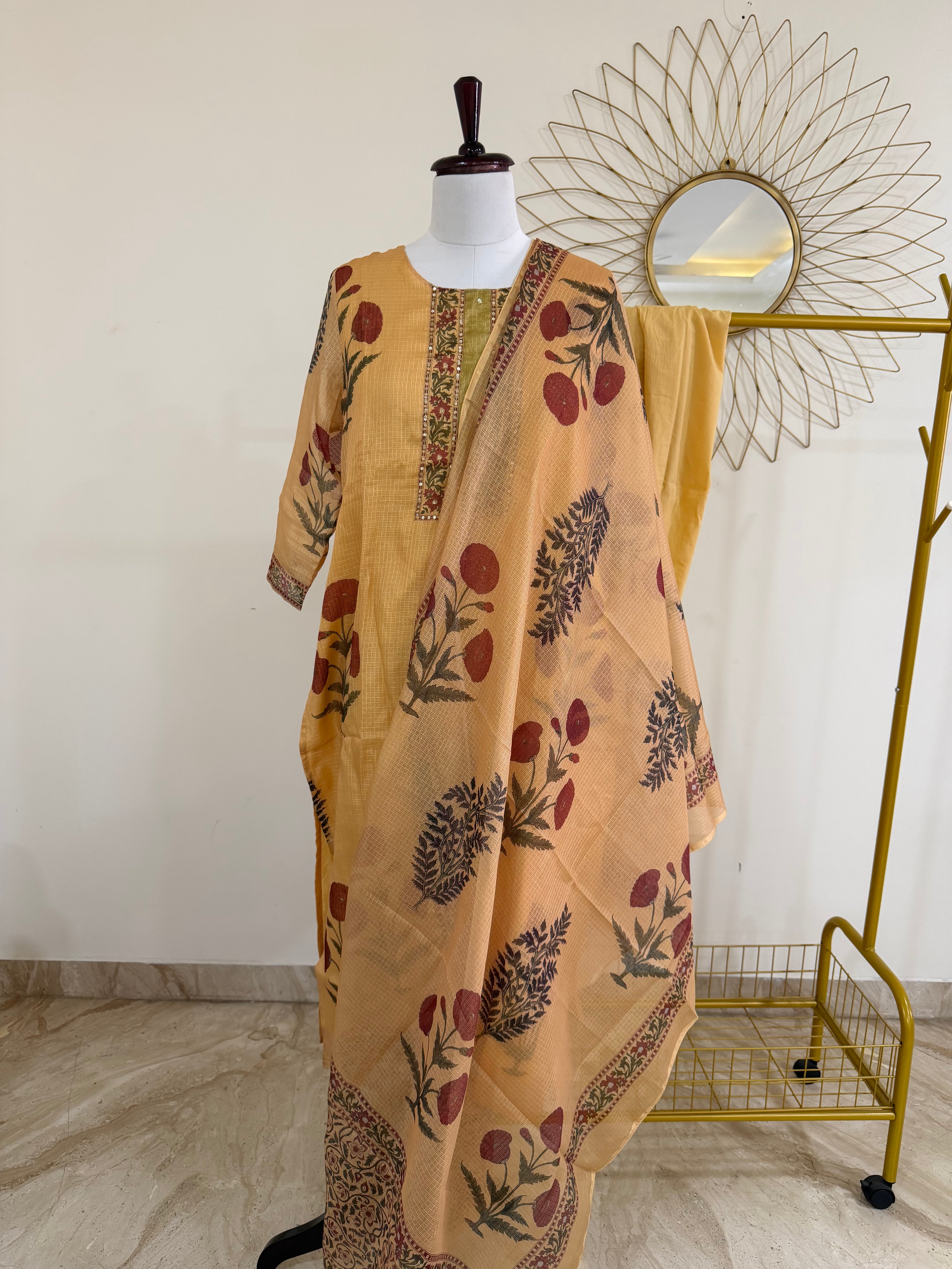 Mustard Yellow Kota Doria 3-Piece Block-Print Suit Set