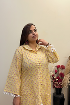 Light Yellow Printed Cotton Co-ord Set with Tassel Cuffs