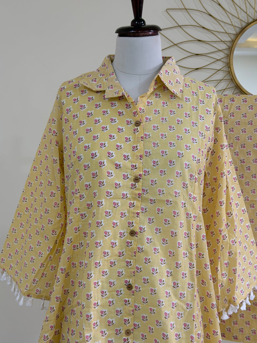 Light Yellow Printed Cotton Co-ord Set with Tassel Cuffs