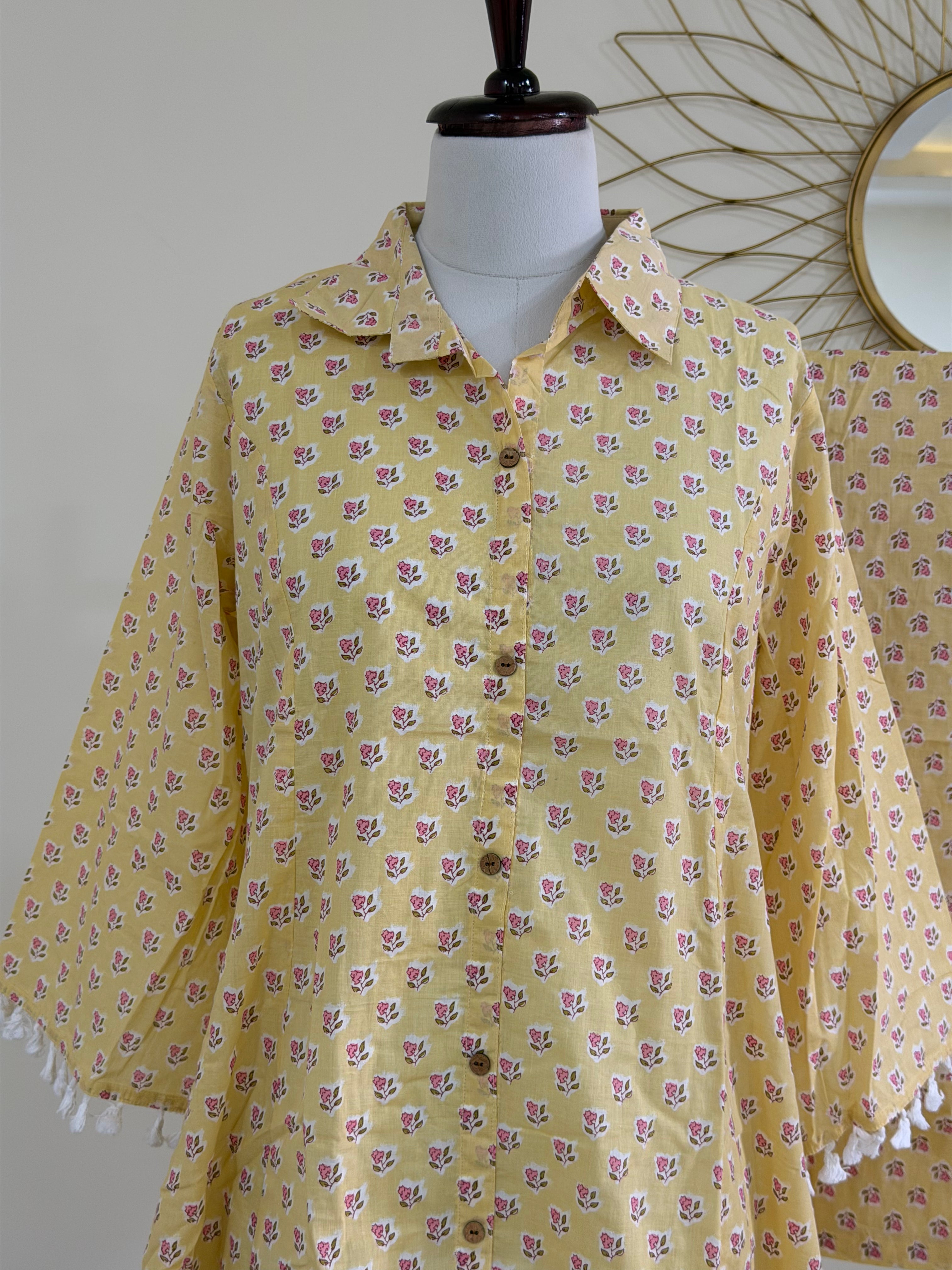Light Yellow Printed Cotton Co-ord Set with Tassel Cuffs