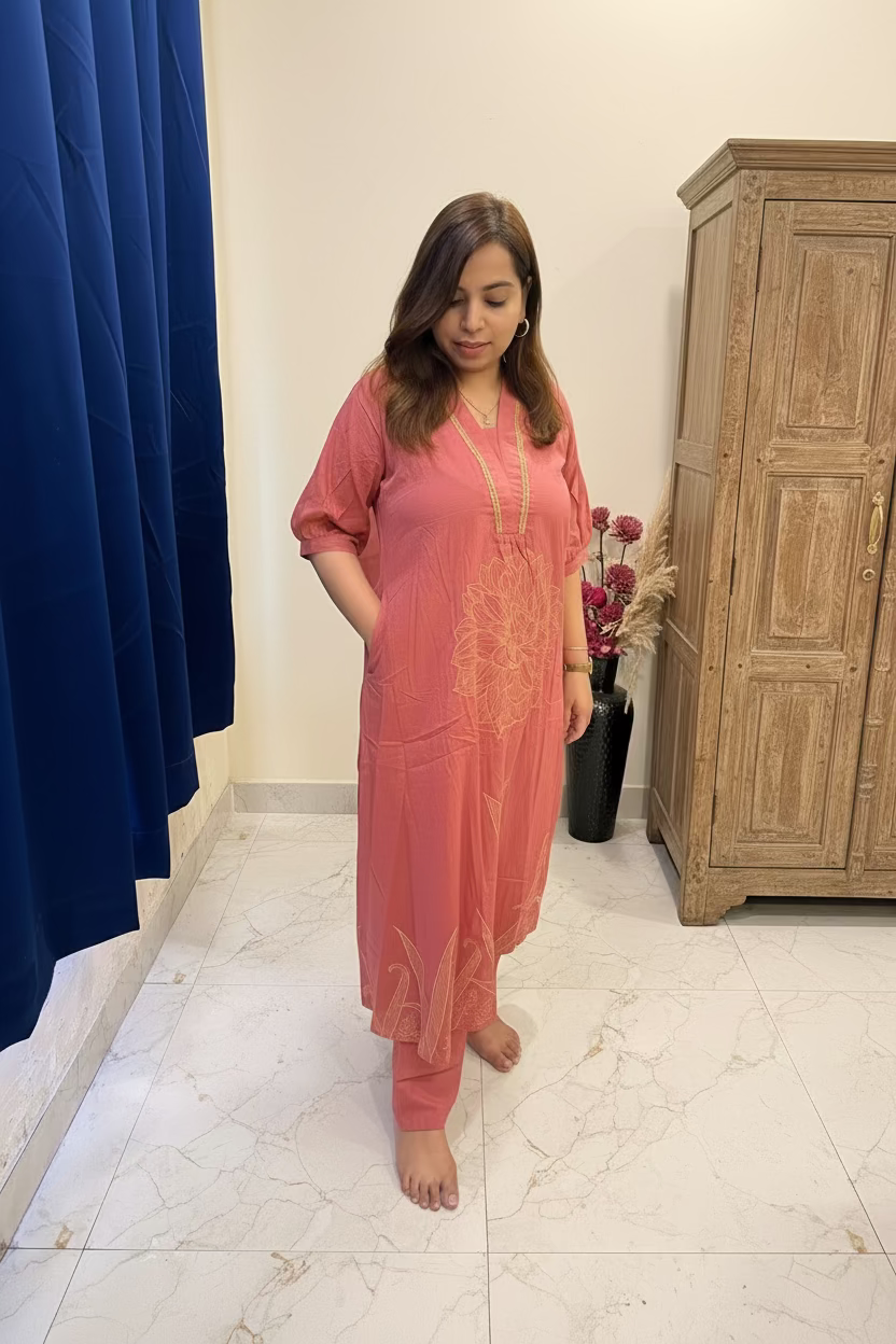 Dusty Rose Pink Kurta Set with Statement Fluffy Sleeves
