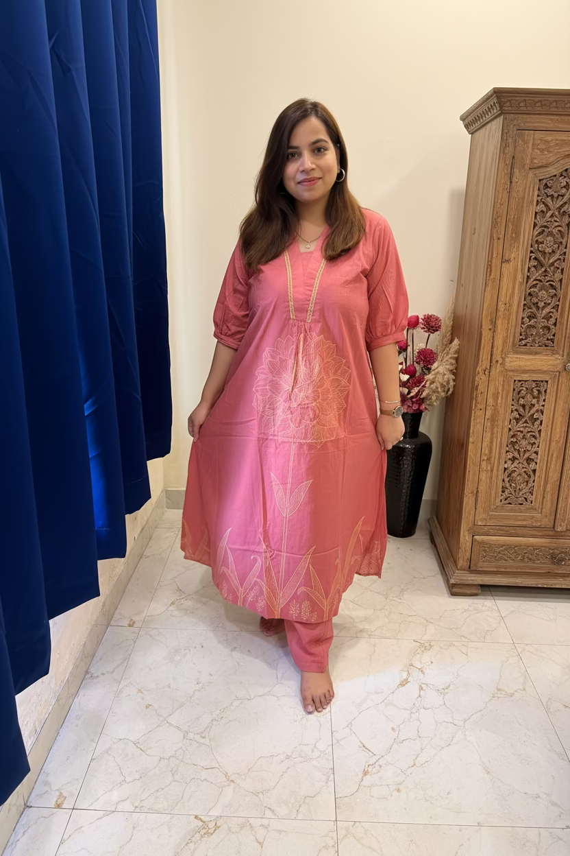 Dusty Rose Pink Kurta Set with Statement Fluffy Sleeves
