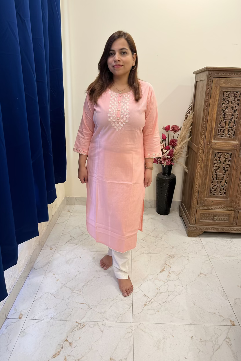 Soft Pink Cotton Casual Kurta Set with Neck Detailing