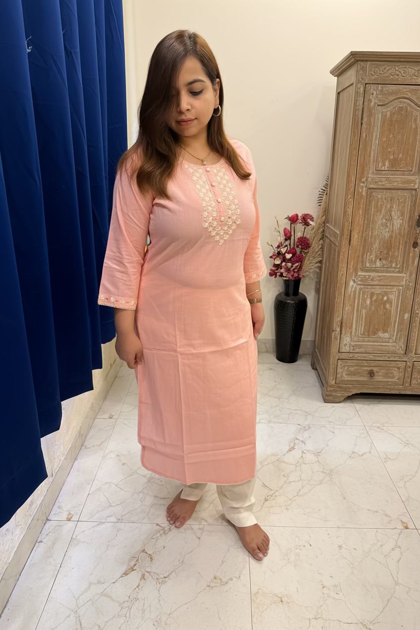 Soft Pink Cotton Casual Kurta Set with Neck Detailing