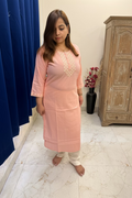 Soft Pink Cotton Casual Kurta Set with Neck Detailing