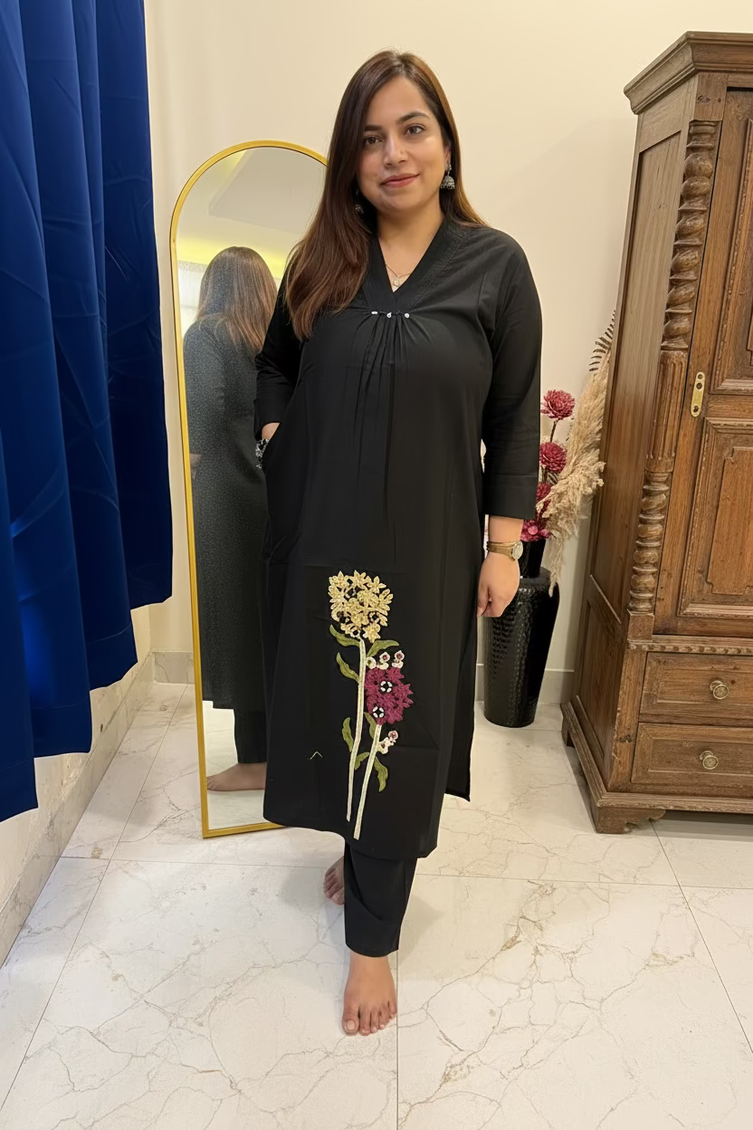 Black Cotton Co-ord Set with Panel Thread Work