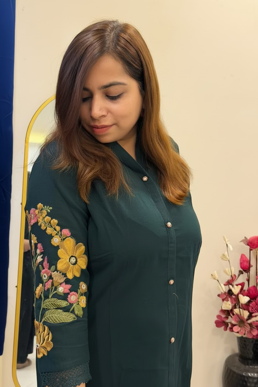 Deep Forest Green Cotton Co-ord Set with Embroidered Sleeves